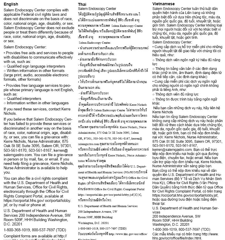 Non discrimination notice for English, Thai and Vietnamese