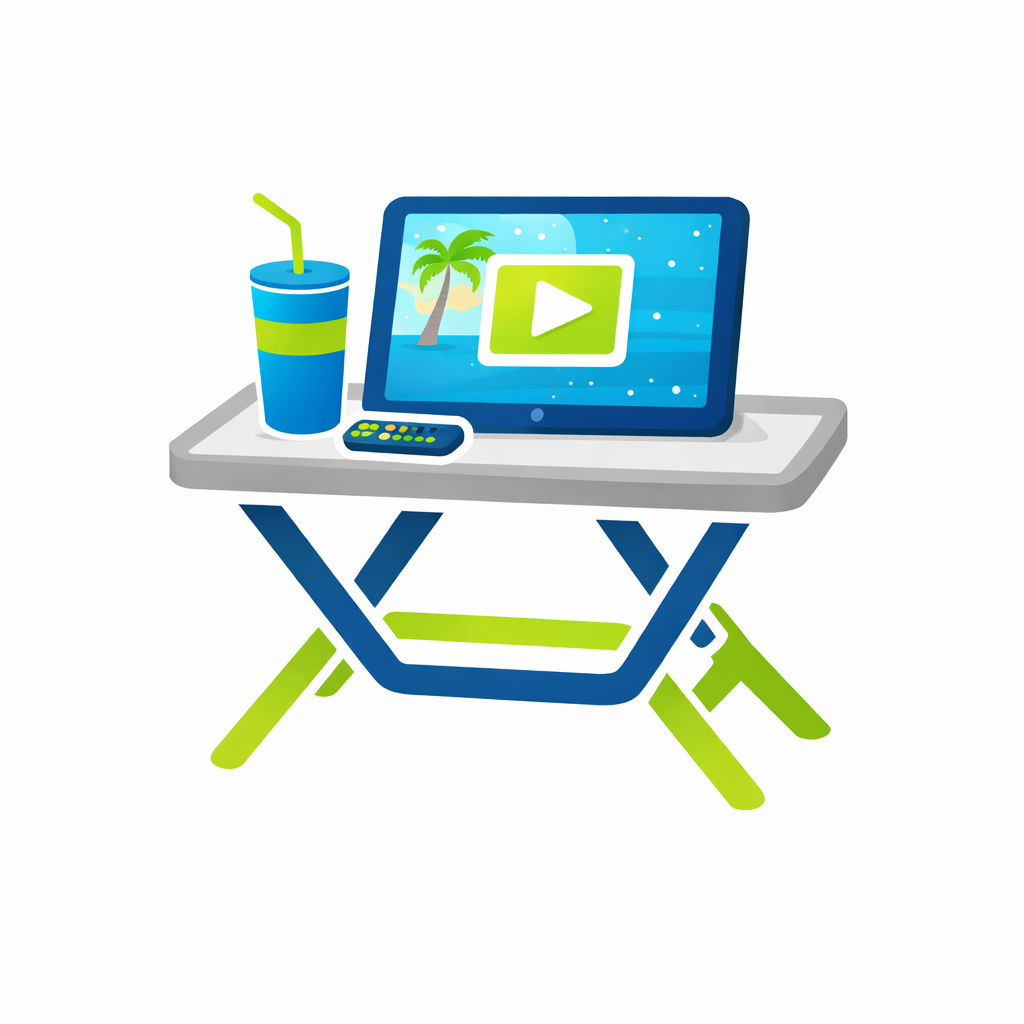 Illustration of a tray with a drink, remote, and screen representing entertainment during prep.