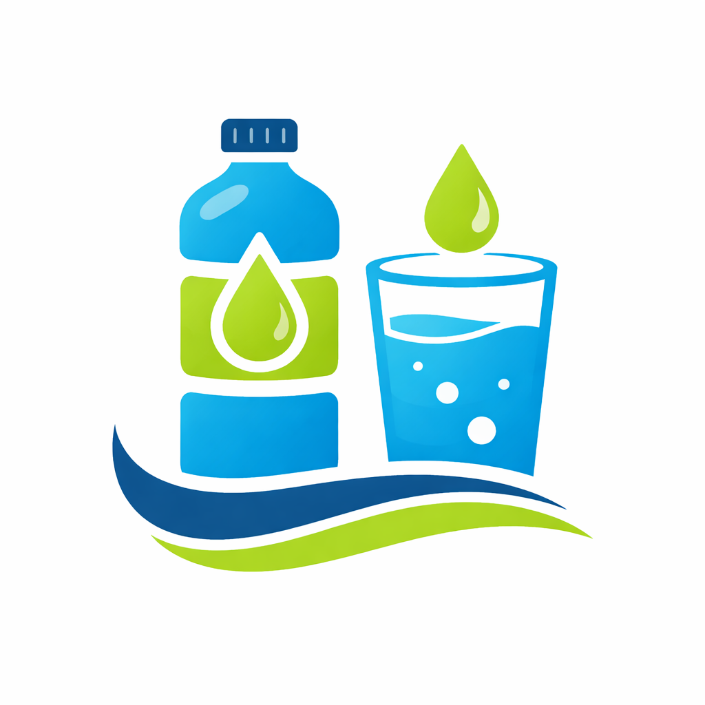 Illustration of a bottle and glass representing clear liquids and hydration.